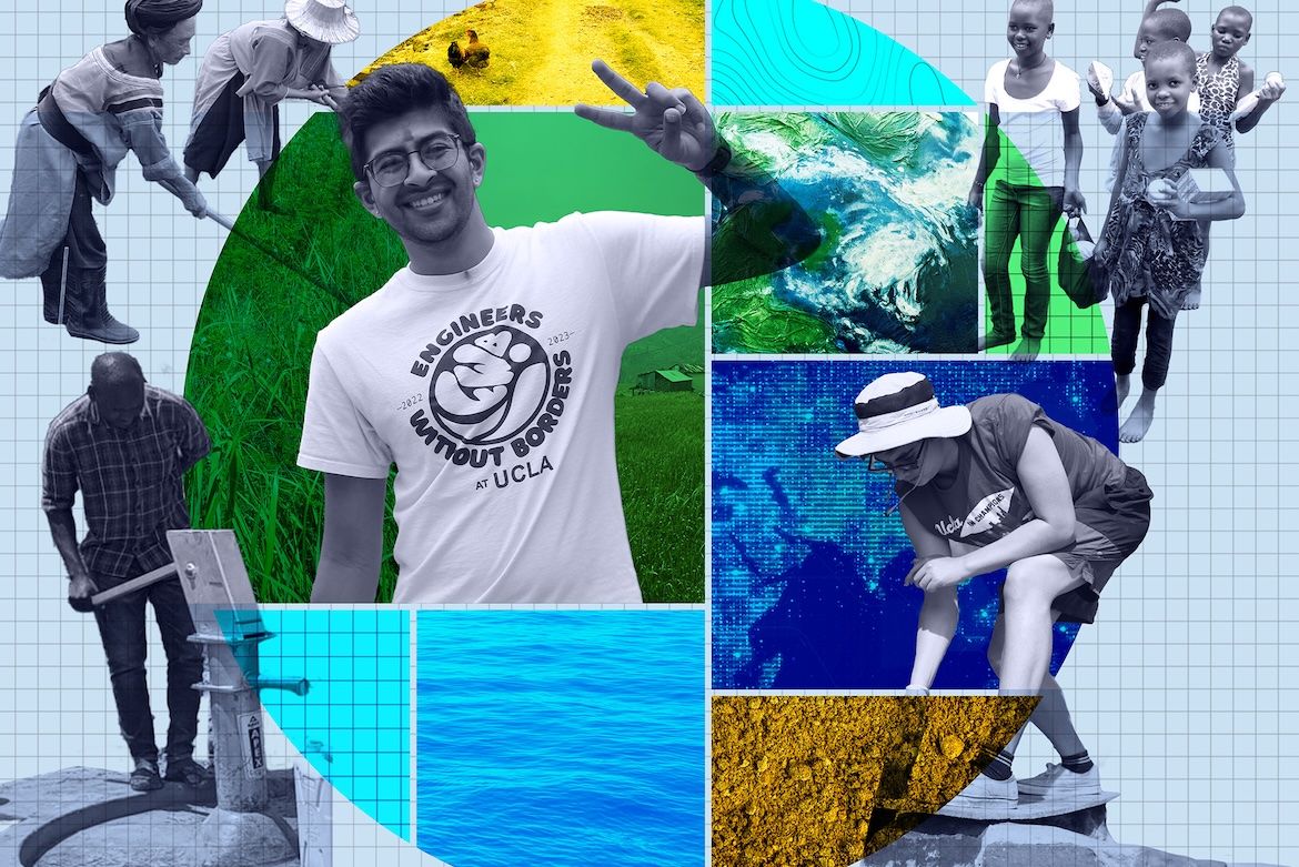  Engineers Without Borders Composite image centered on a smiling young man in an Engineers Without Borders at UCLA t-shirt giving a peace sign, surrounded by a collage of photos depicting global fieldwork, including people farming, children, a researcher examining soil, and satellite imagery of Earth.