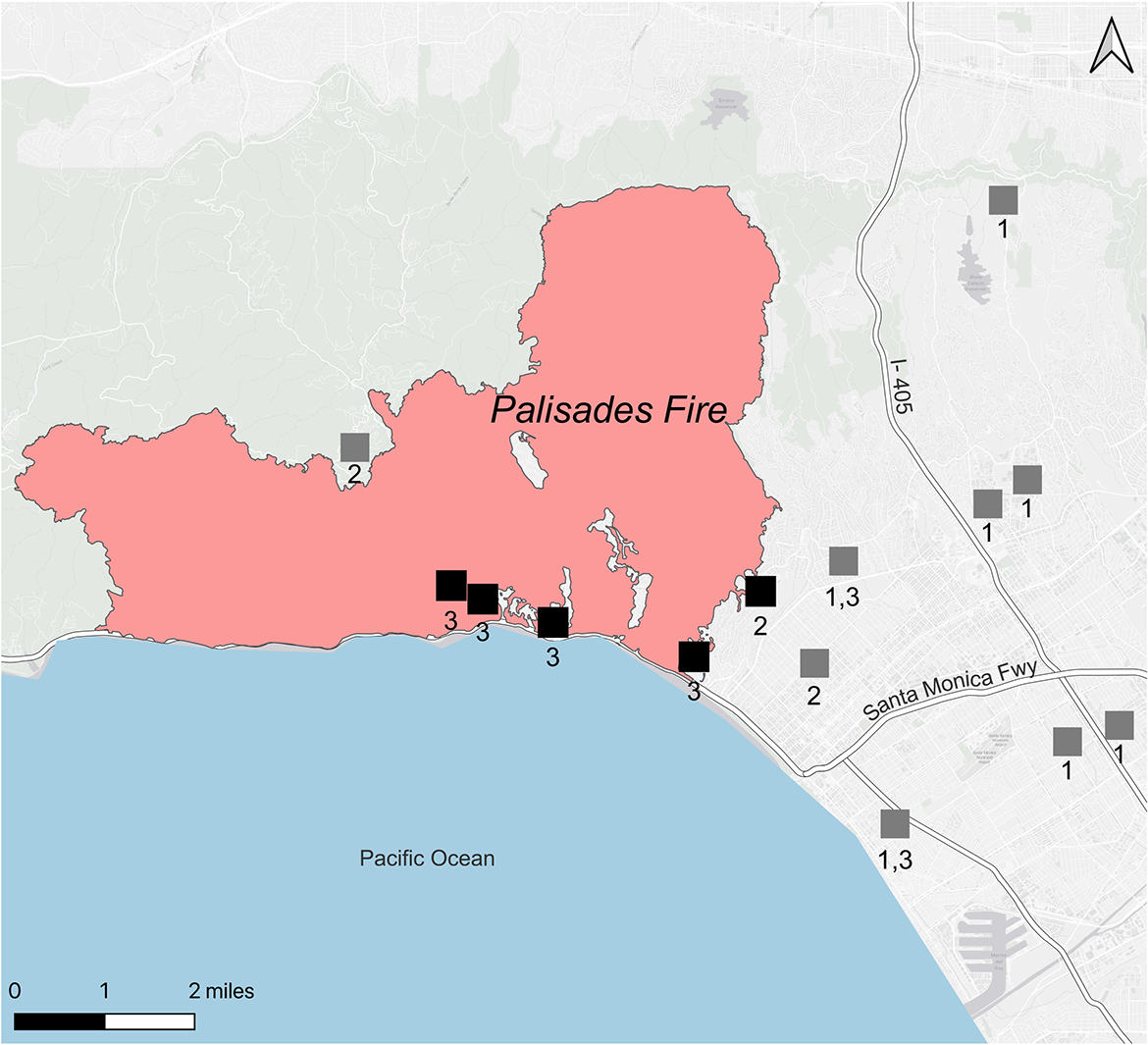 Map shows field sampling locations for the Palisades Fire; pink areas indicate burn zones. Gray and black squares denote inhabited and uninhabited households, respectively, with numbers indicating sampling phases. Data were collected during phase 1 (January 8&minus;15, 2025), phase 2 (January 24&minus;31, 2025) and phase 3 (February 11&minus;18, 2025).