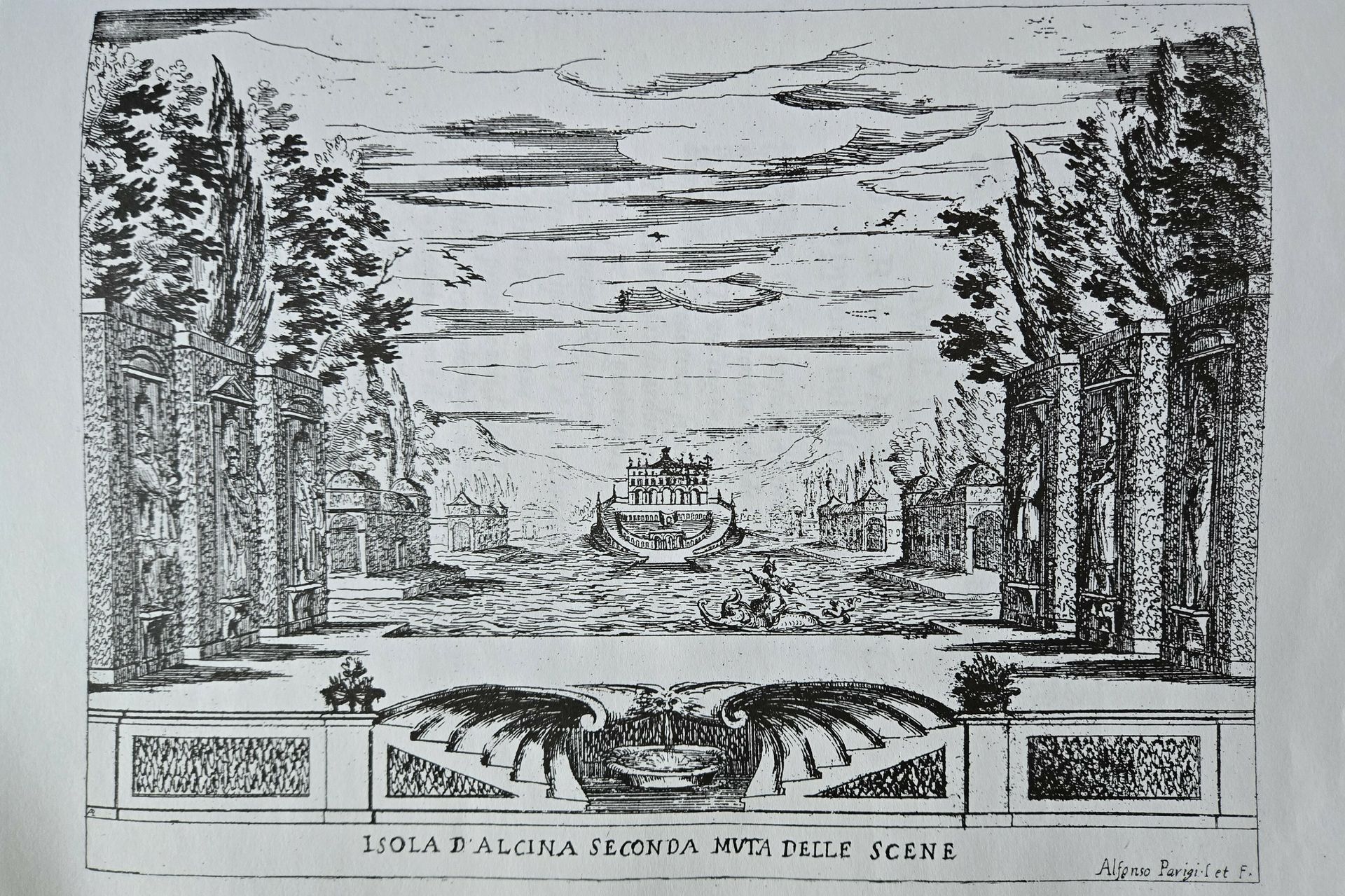 Black-and-white drawing of an outdoors scene from an opera
