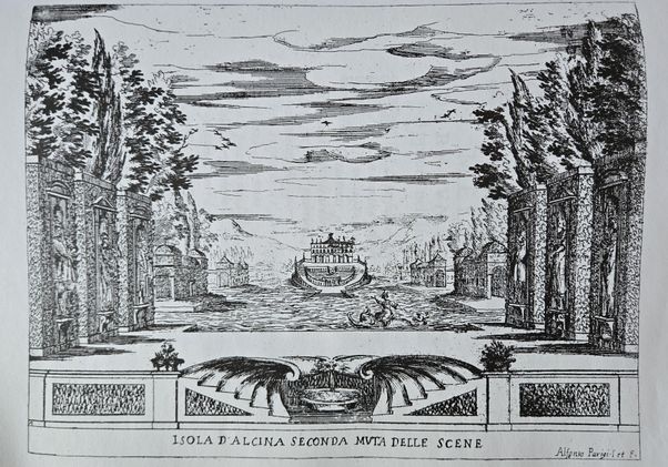 Black-and-white drawing of an outdoors scene from an opera