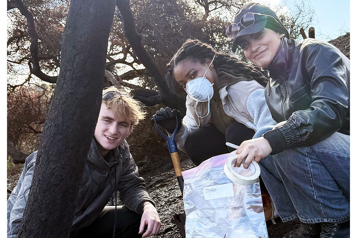 Three researchers pose next to burnt tree in Mandeville Canyon