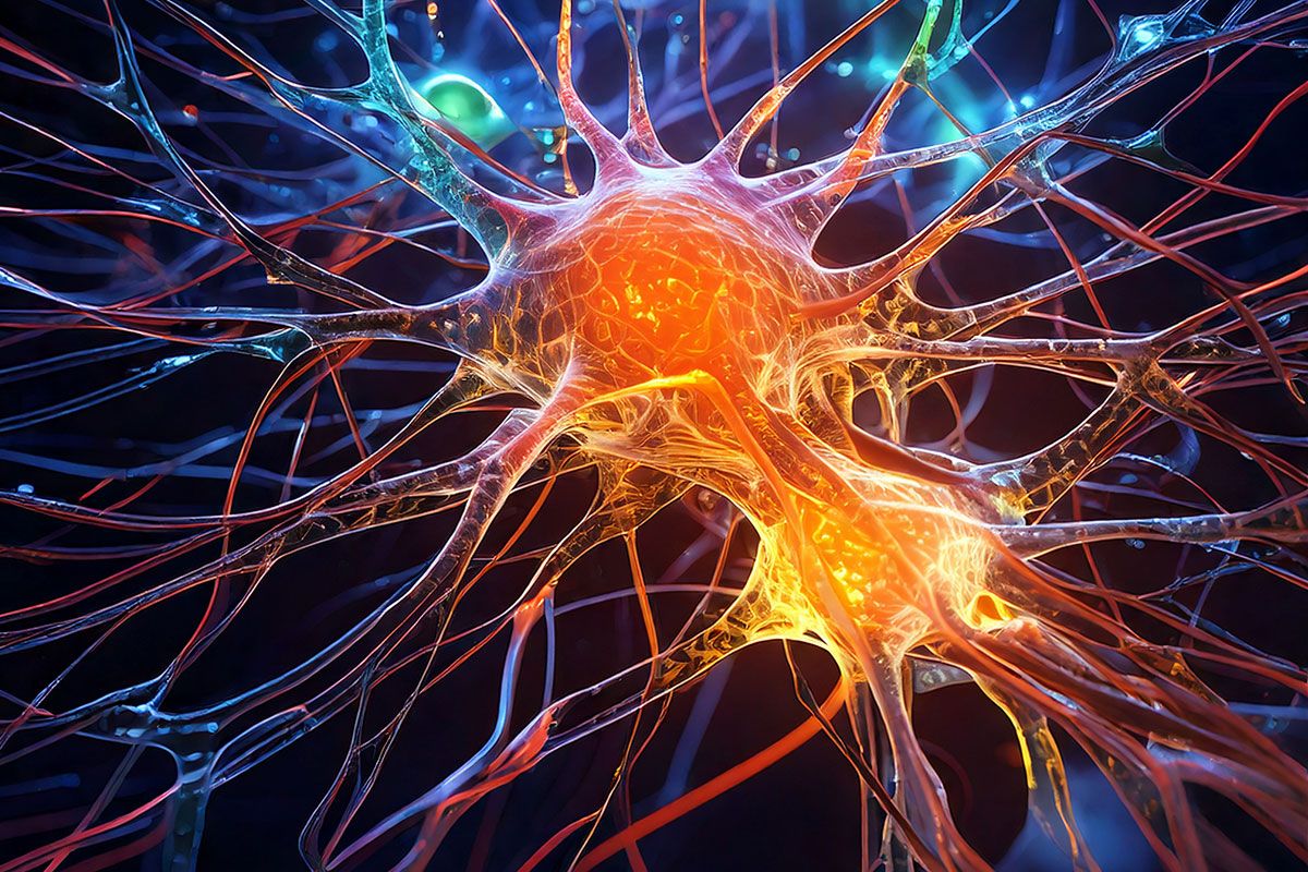 A colorful digital illustration of a neuron with a glowing orange center and branching dendrites extending outward in blue, red and orange against a dark background.