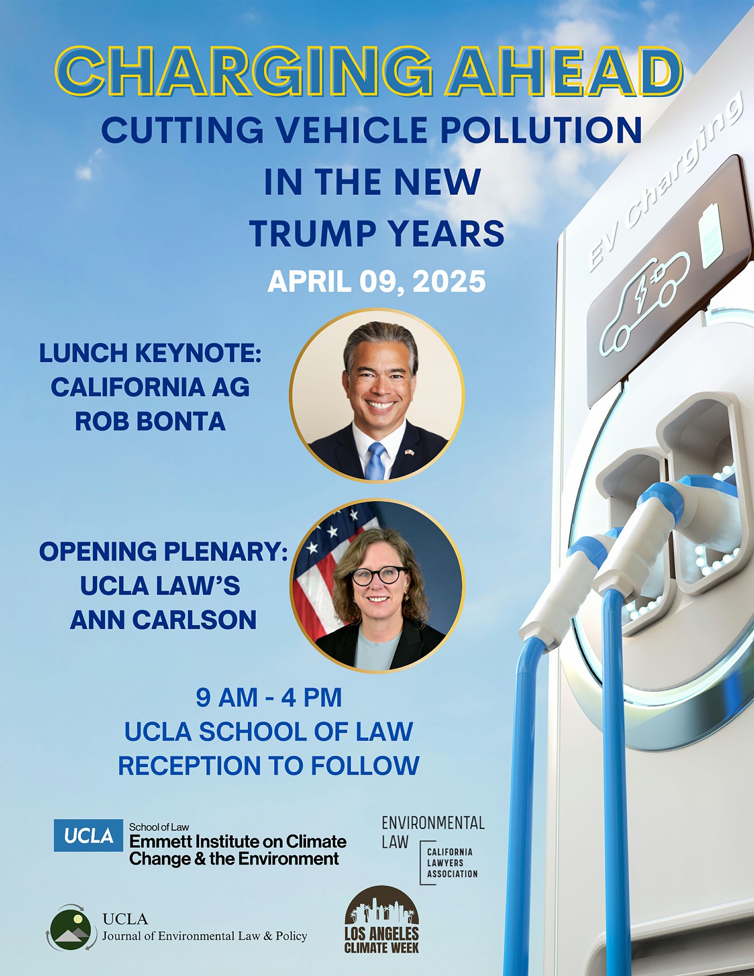 Flyer for “Charging Ahead: Cutting Vehicle Pollution in the New Trump Years” with thumbnail photos of Rob Bonta and Ann Carlson next to illustration of an electric vehicle charger