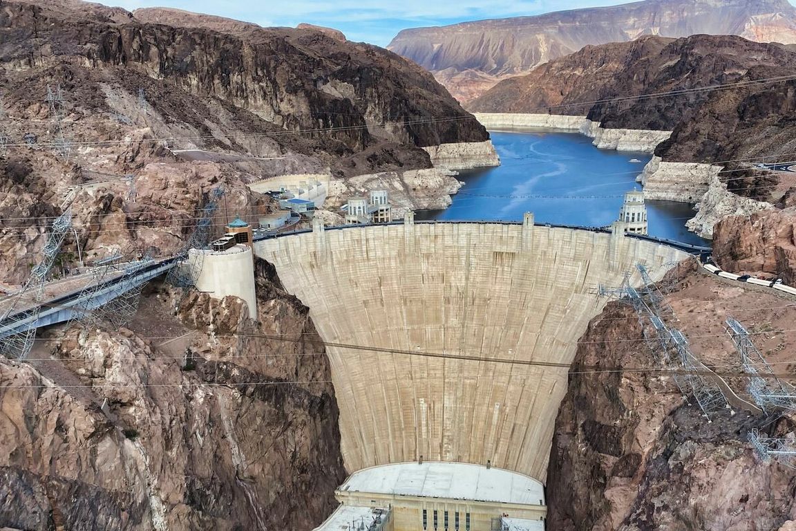 Hoover Dam and Lake Mead, with mountains on either side