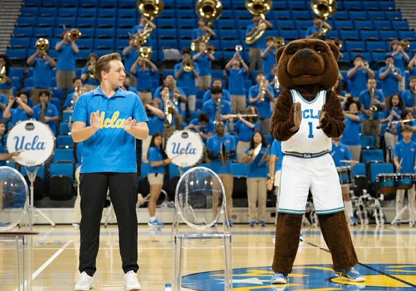 Bruin Day–A member of the UCLA Spirit Squad and Joe Bruin perform for the crowd in Pauley Pavilion