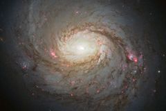 Hubble Space Telescope image of a spiral galaxy with a bright central core, sweeping arms, and pink star-forming regions against a dark sky.
