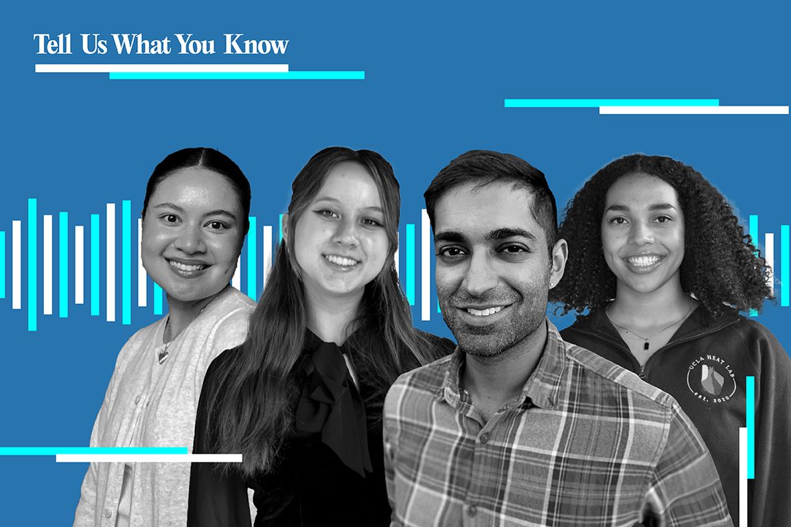 Composite of four podcast hosts with “Tell us what you know” in left top corner