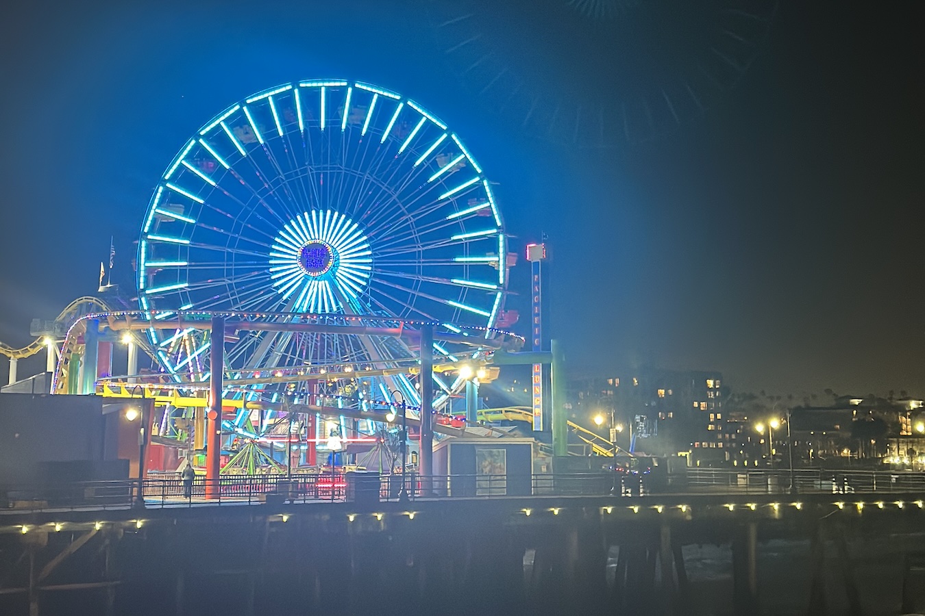 Wide shot of Ferris wheel at Santa Monica Pier