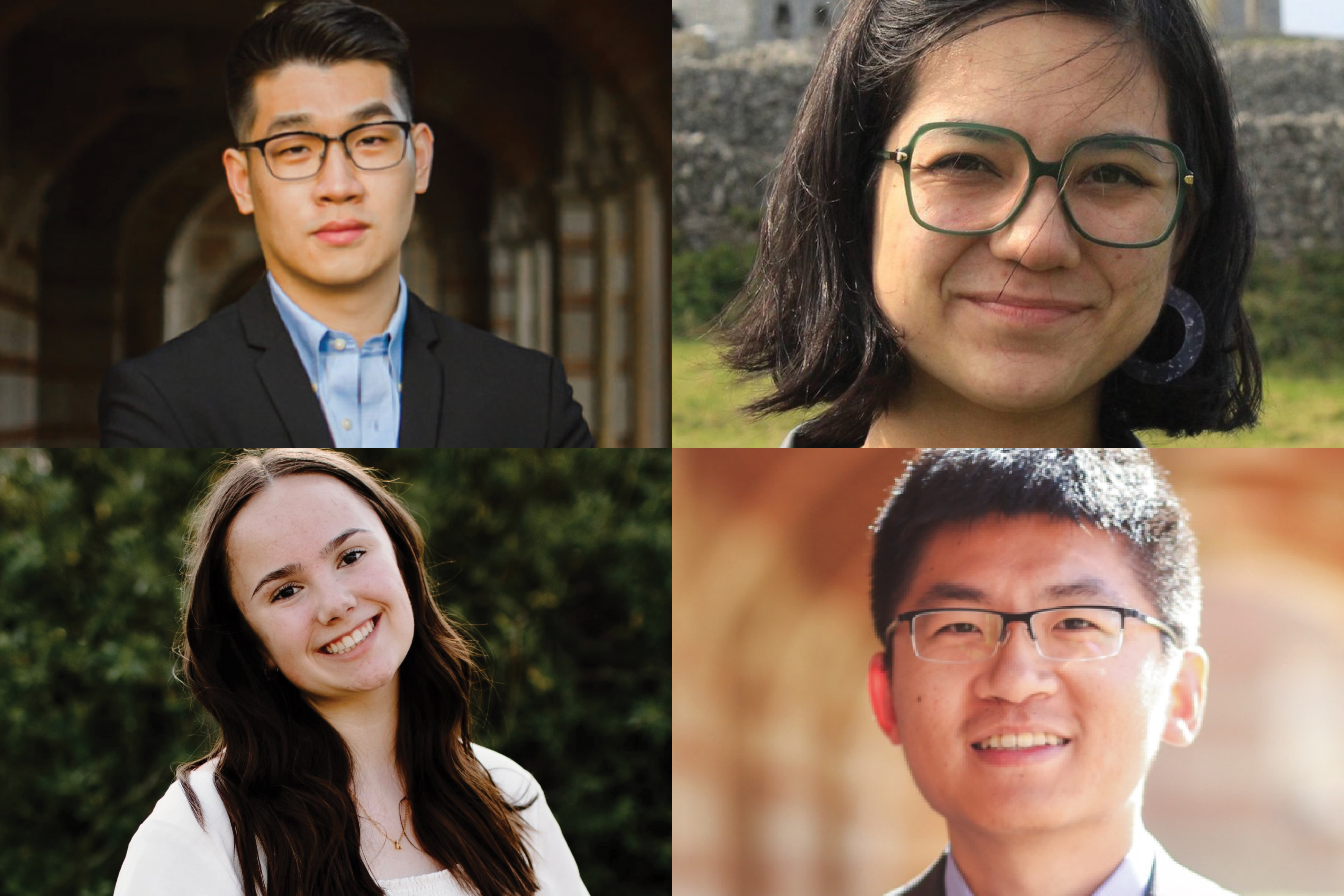 Photos, clockwise from top left, of Josh Yen-Ho Chou, Quinn O’Connor, Zhe Zhang and Annemarie Lawrence
