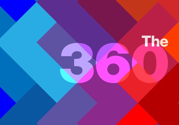 Graphic logo reading 'The 360' in large white and pink text, set against an abstract geometric background of overlapping diamond shapes in shades of blue, purple and red.