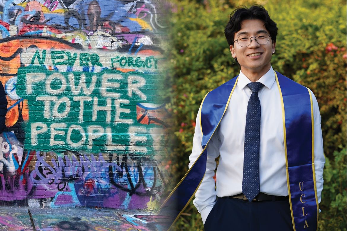 Composite of graffiti art with “Never forget power to the people” and Ryan Horio in graduation stole