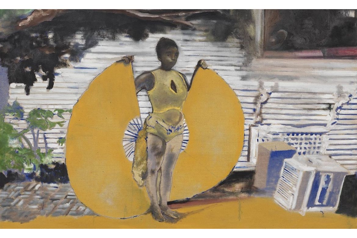 Noah Davis painting of woman wearing yellow outfit with rounded wings