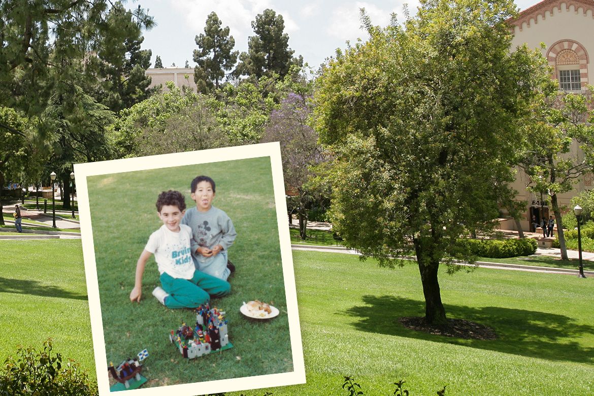 Growing Up Bruin: Ben Paul as a child in a "Bruin Kids" T-shirt playing on campus with a friend