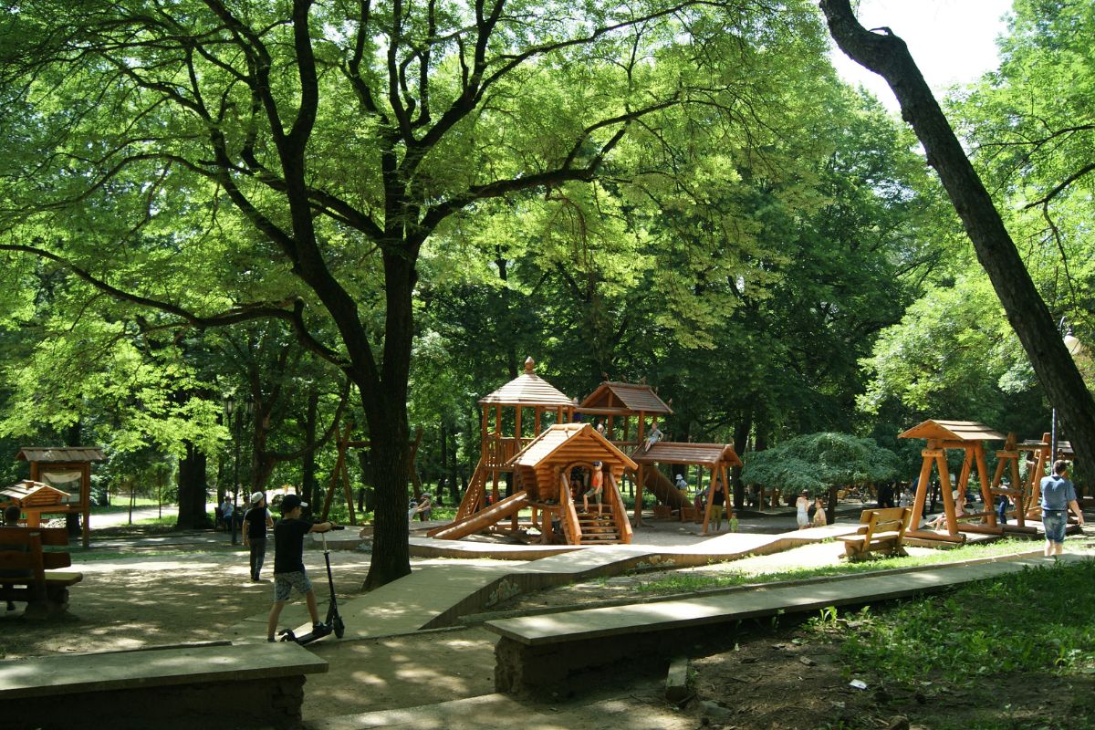 A park with a wooden play structure surrounded by trees