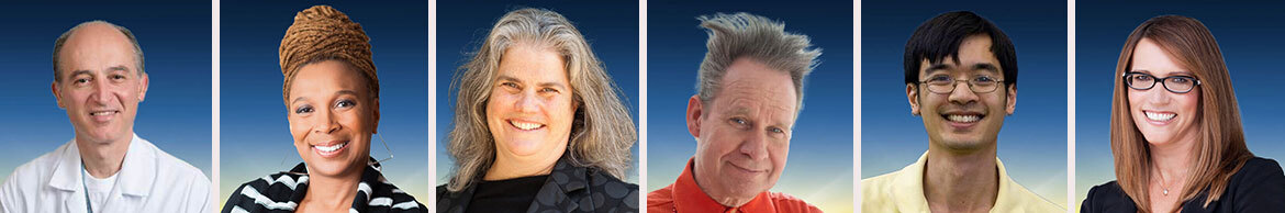 Postage-stamp style photos against blue gradient background. From left: Abbas Ardehali, Kimberlé Crenshaw, Andrea Ghez, Peter Sellars, Terence Tao and Lynn Vavreck. Postage-stamp style photos of six faculty members presenting UCLA Connects: Bruin Talks on June 4
