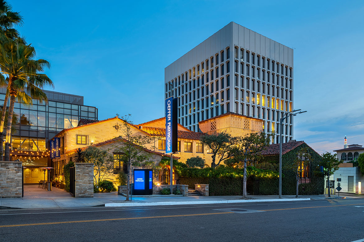 Exterior of Geffen Playhouse at dusk — shot from across the street
