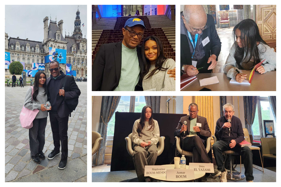 A collage of Aomar Boum and his daughter at the Marie de Paris.