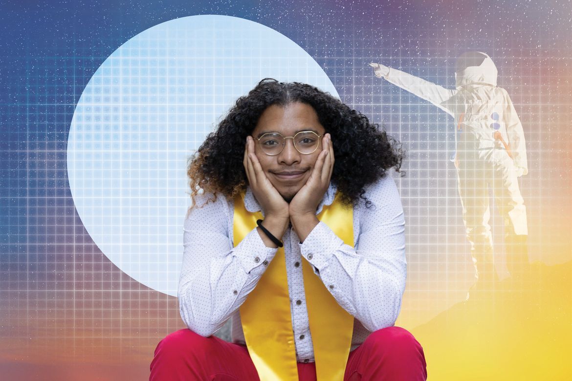 Composite photo of Brandon Lazard sitting cross-legged with hands on cheeks, wearing glasses and a yellow vest, in front of a stylized background featuring a large circle and an astronaut figure.