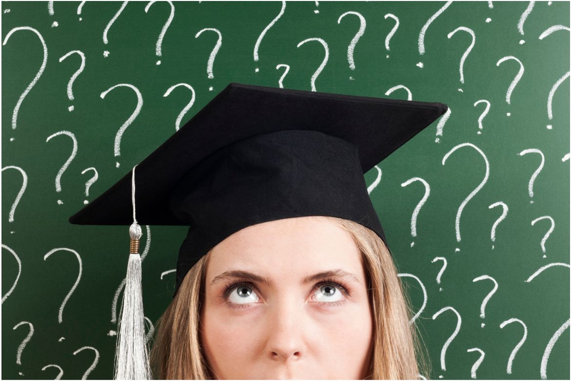 A young female student wearing cap thinking about her future in front of question marks written on a blackboard