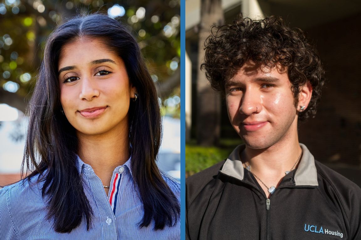 Two side-by-side headshots: Ritika Sarma, left, smiles outdoors wearing a blue striped shirt; Jimmy Mancilla, right, smiles wearing a gray UCLA Housing jacket.