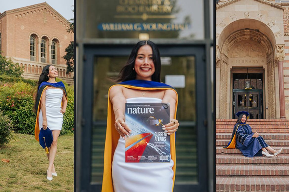 Two graduation photos of Arismel Tena Meza on the UCLA campus: at left, she holds a copy of Nature magazine while wearing a white dress and blue-and-gold doctoral regalia; at right, she sits on stone steps in full cap and gown.