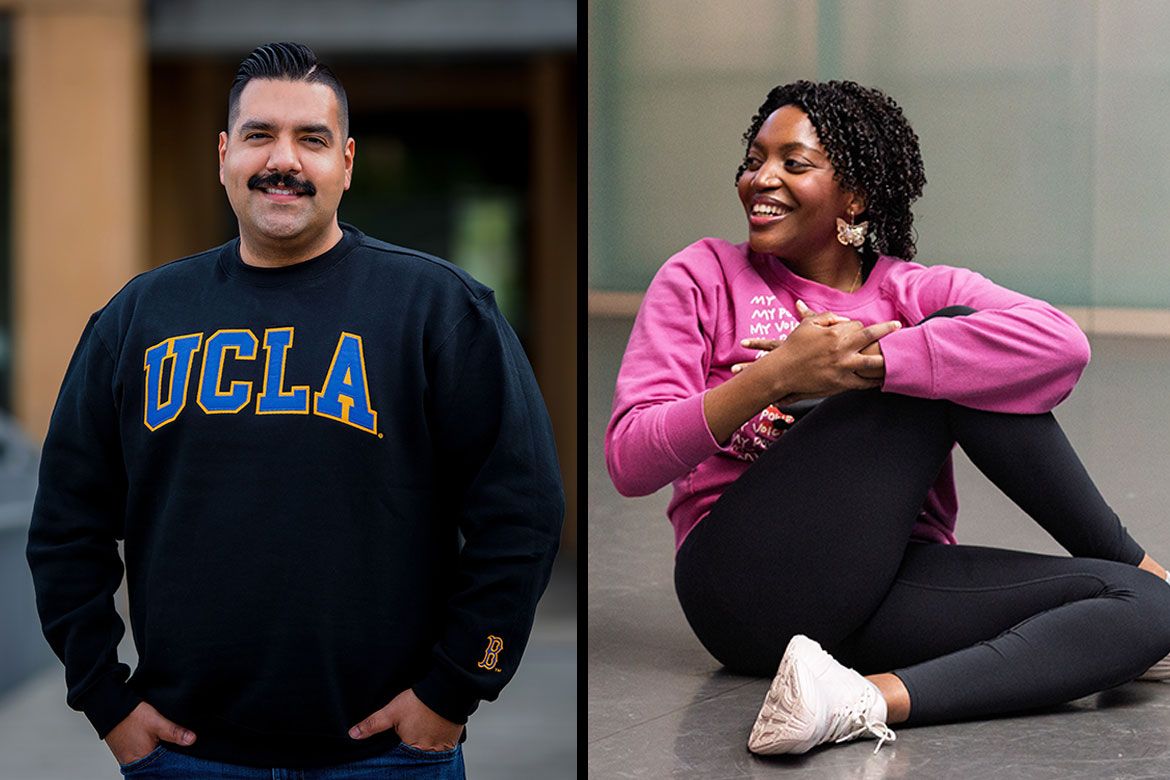 Jorge Parra Jr., left, in dark blue UCLA sweatshirt; Sydney Richardson sitting on the floor in pink sweatshirt, black leggings and white sneakers