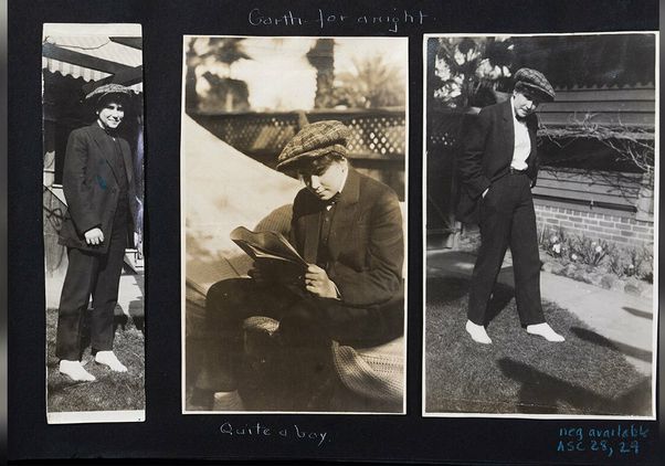 Three black and white photos show a teenage Dorothy Arzner dressed in typical boy’s clothes from the period.