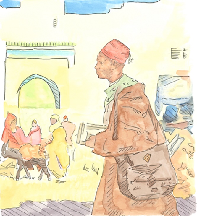 An illustration of Faraji Boum and his chakara, walking through a Moroccan village.
