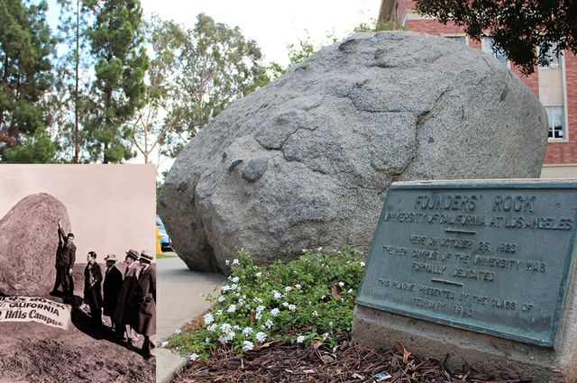 Founders' Rock outside of Murphy Hall, with inset photo of the rock on campus in 1929