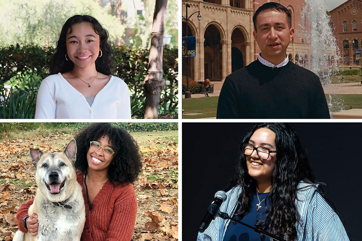 Four individual headshots arranged in a grid: clockwise from top left, Shanti Fukasaku smiles outdoors; Francisco Reyes stands in front of a campus fountain; Natalia Zeledon speaks at a microphone; and Keo Vutheikun poses outdoors with a husky dog.