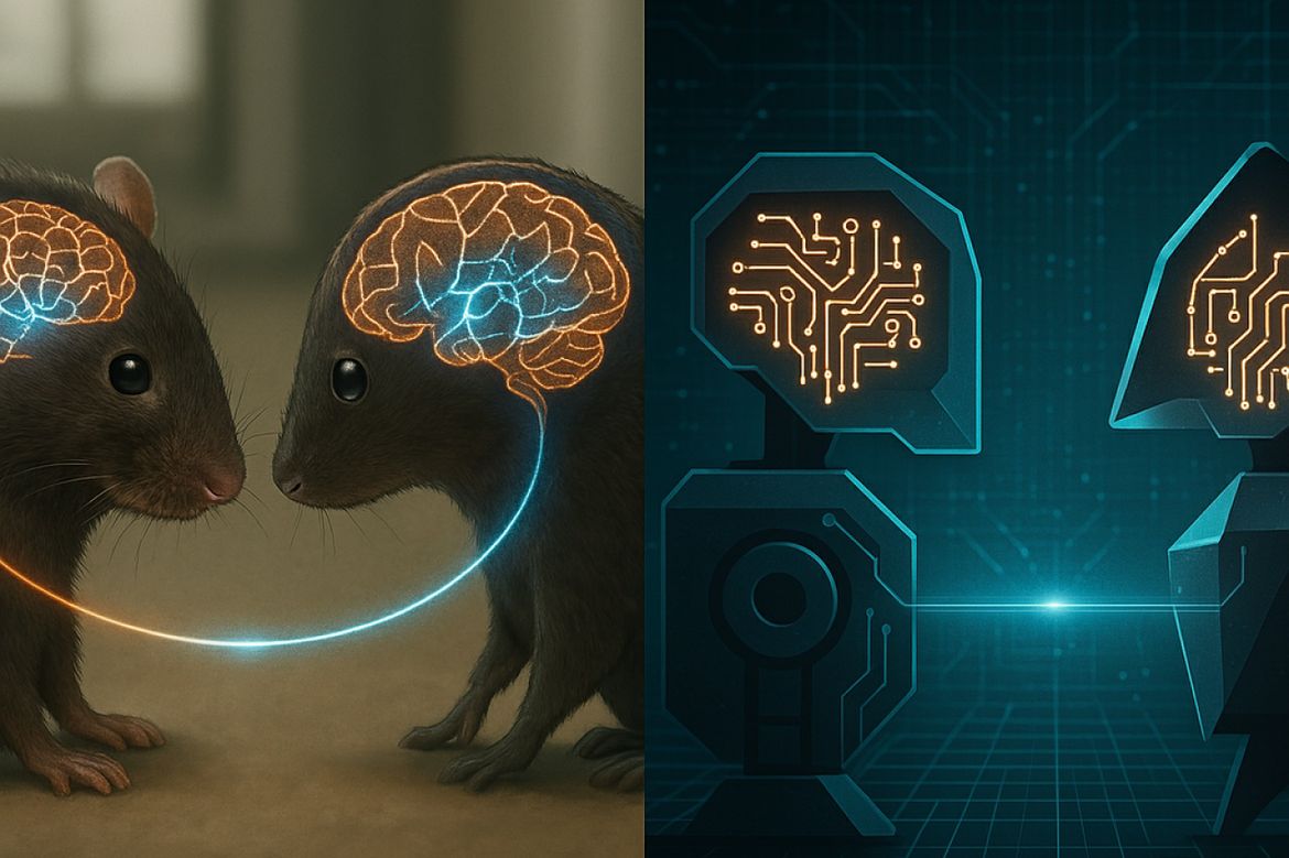 Imagen generada por AI de dos ratones con cerebros iluminados conectados por un cable delgado