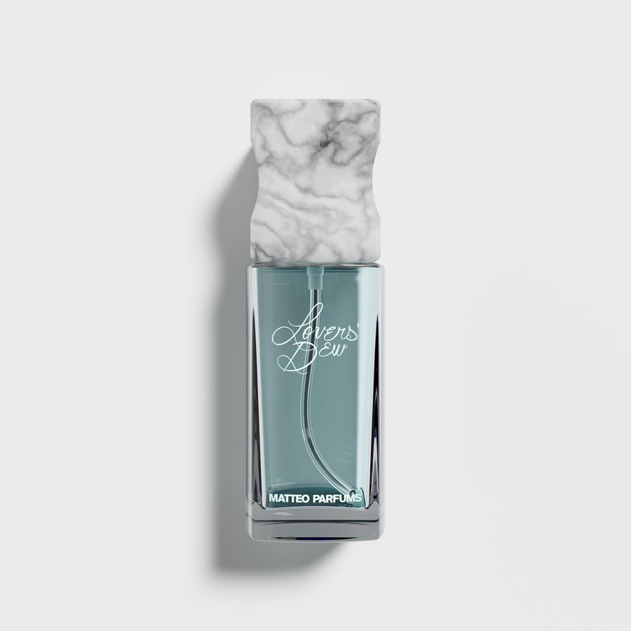 Gray-and-white marble top on bottle of perfume labeled Lovers' Dew and Matteo Parfiums