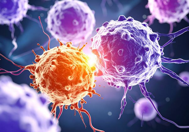 An illustration of T cells attacking cancer cells