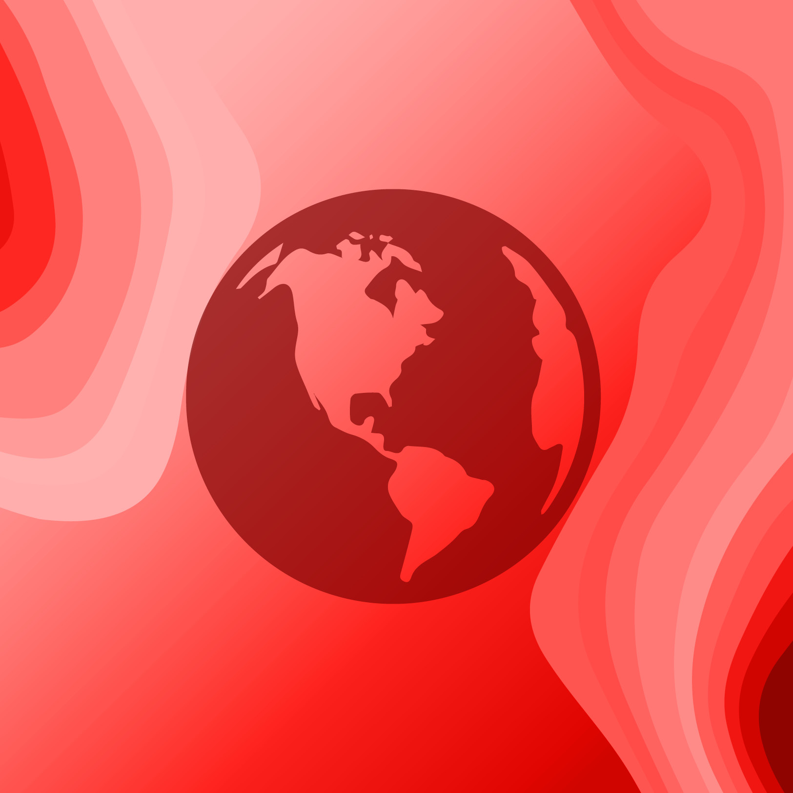 Red graphic illustration with icon of the Earth, surrounded by red gradient color rings