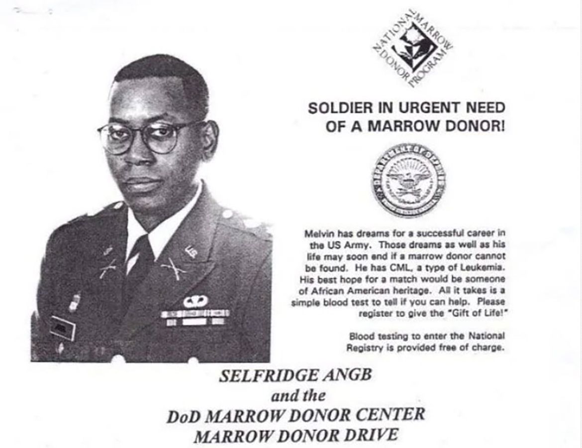 A black-and-white flyer from the National Marrow Donor Program and Selfridge ANGB DoD Marrow Donor Center featuring a photo of Melvin in U.S. Army uniform. 