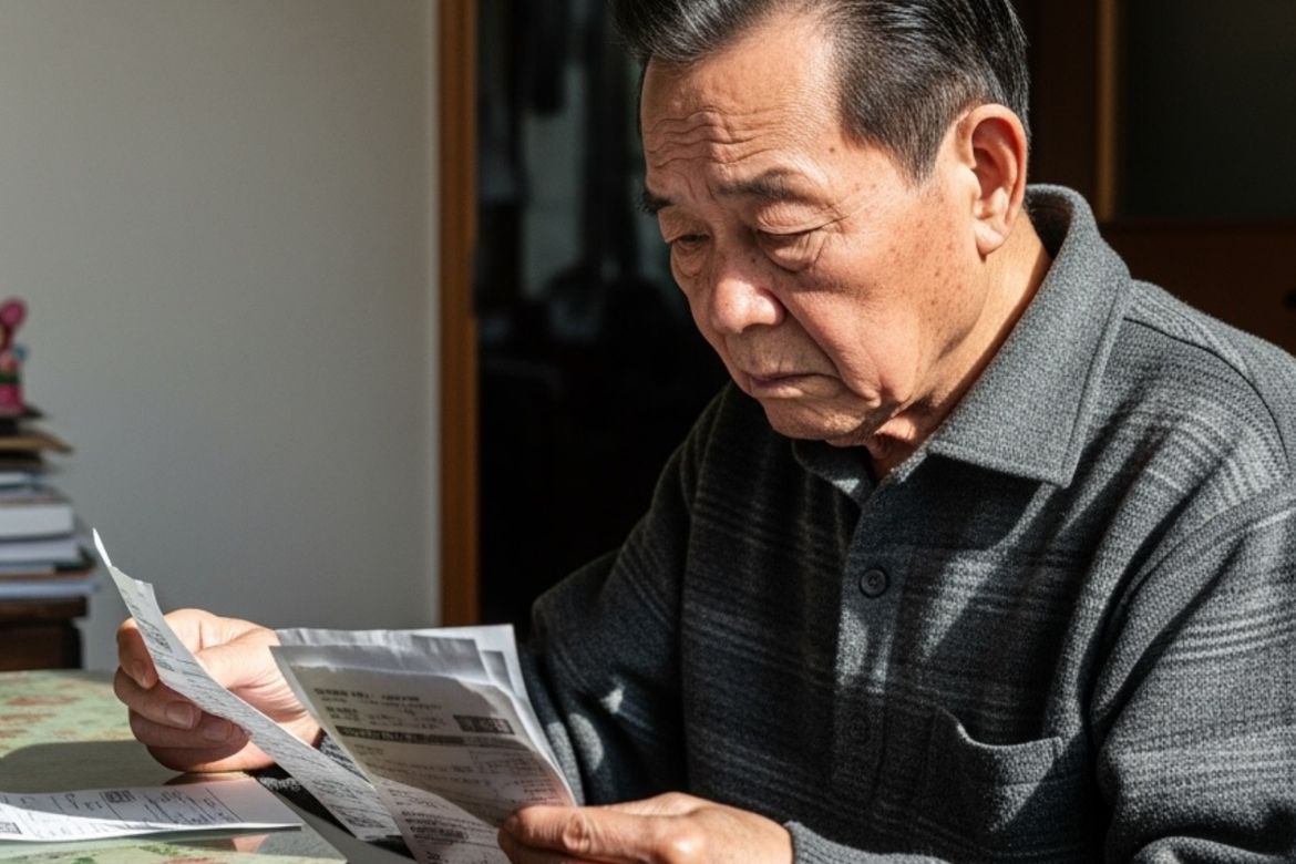 Midrange shot of older Asian man in gray button-down reviewing bills