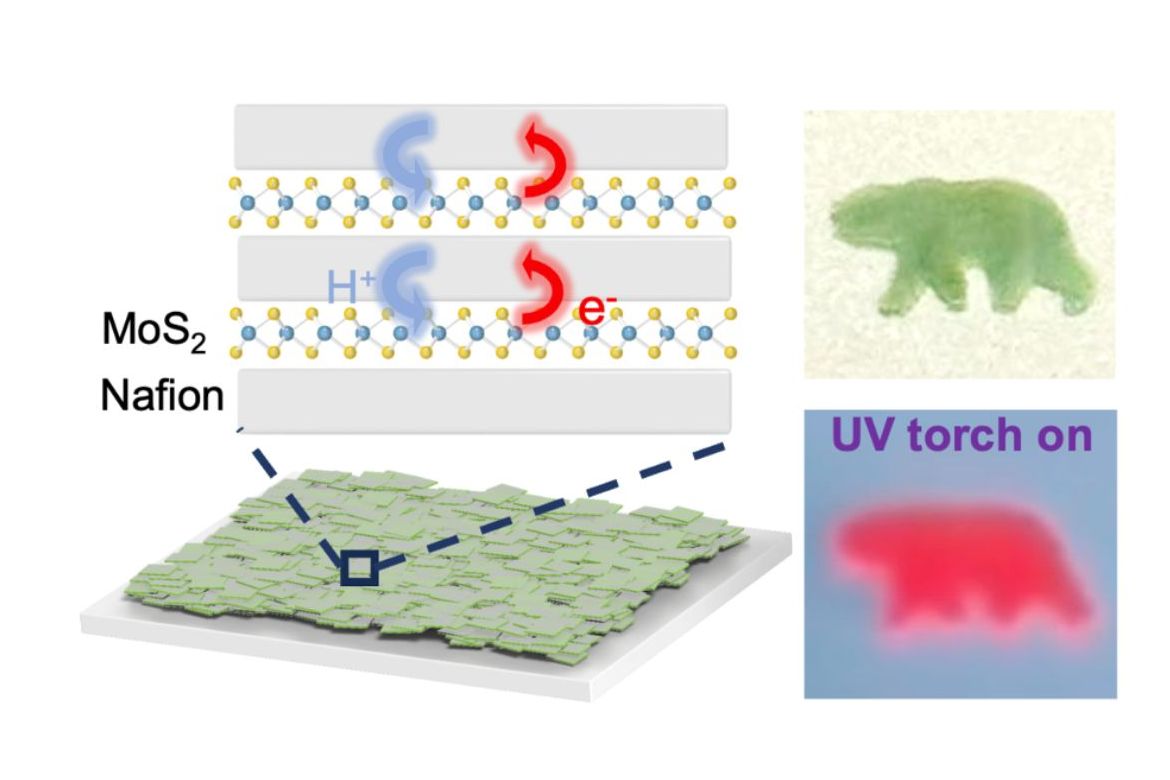 Graphic illustrating a solid-state PFSA ionomer (Nafion) decoupling MoS2 layers 