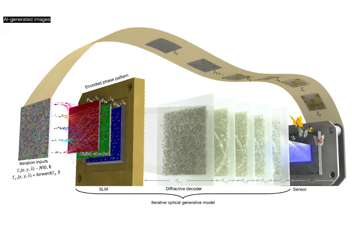 This figure contains an AI-generated schematic of a multi-color optical generative model. 
