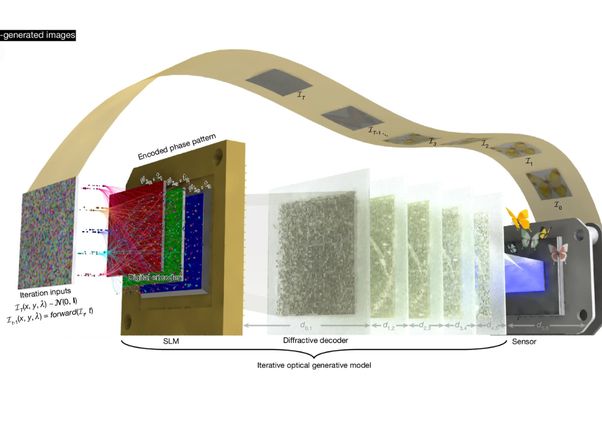 Click to open the large image: This figure contains an AI-generated schematic of a multi-color optical generative model. 