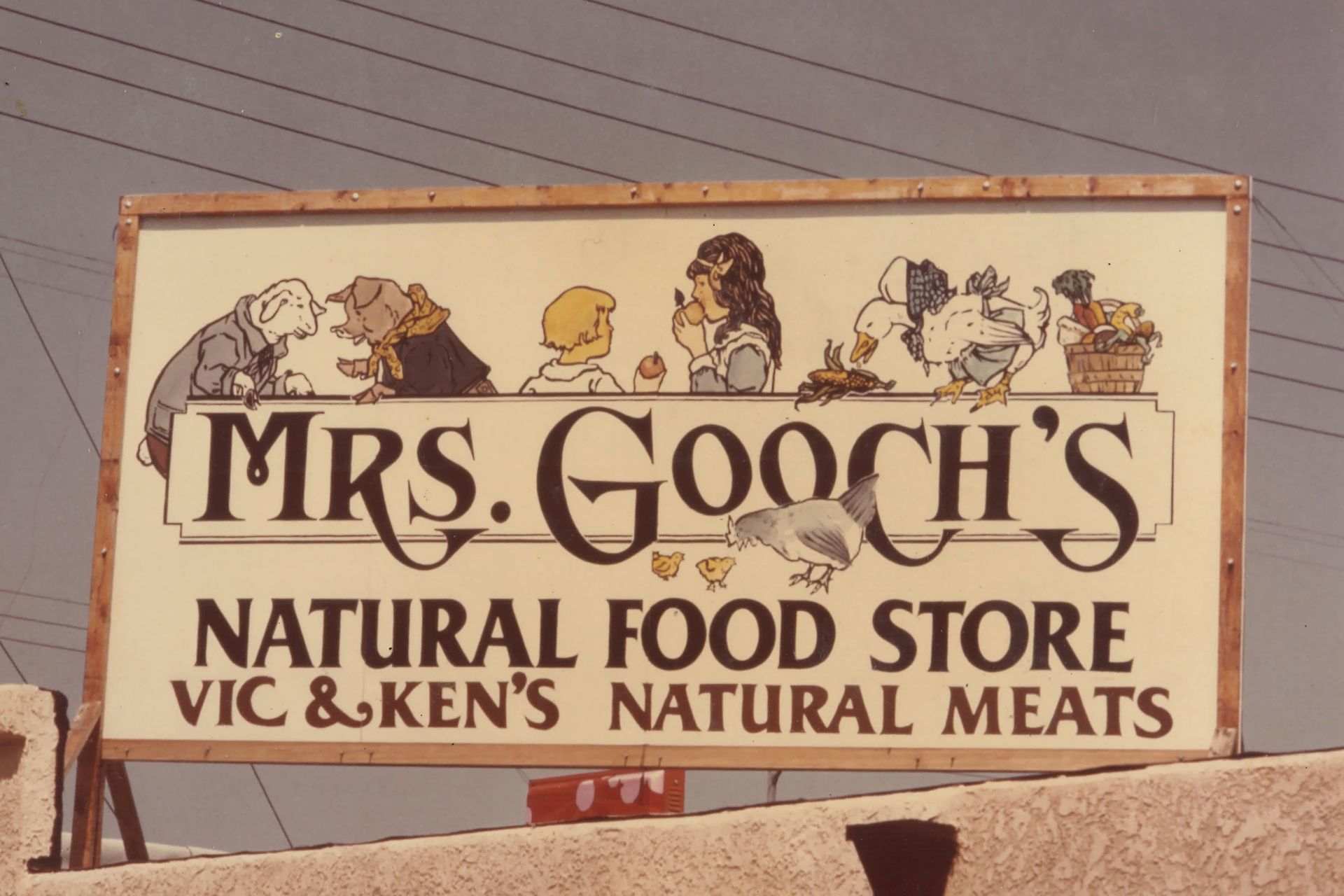 Sign with Mrs. Gooch's Natural Food Store and illustration of two children and barn animals
