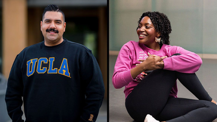 Jorge Parra Jr., left, in dark blue UCLA sweatshirt; Sydney Richardson sitting on the floor in pink sweatshirt, black leggings and white sneakers
