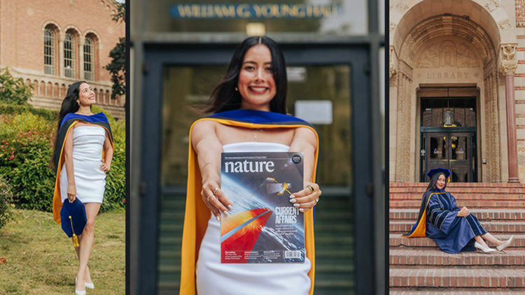 Ph.D. degree in chemistry graduate Arismel Tena Meza holds copy of Nature magazine with outstretched arms