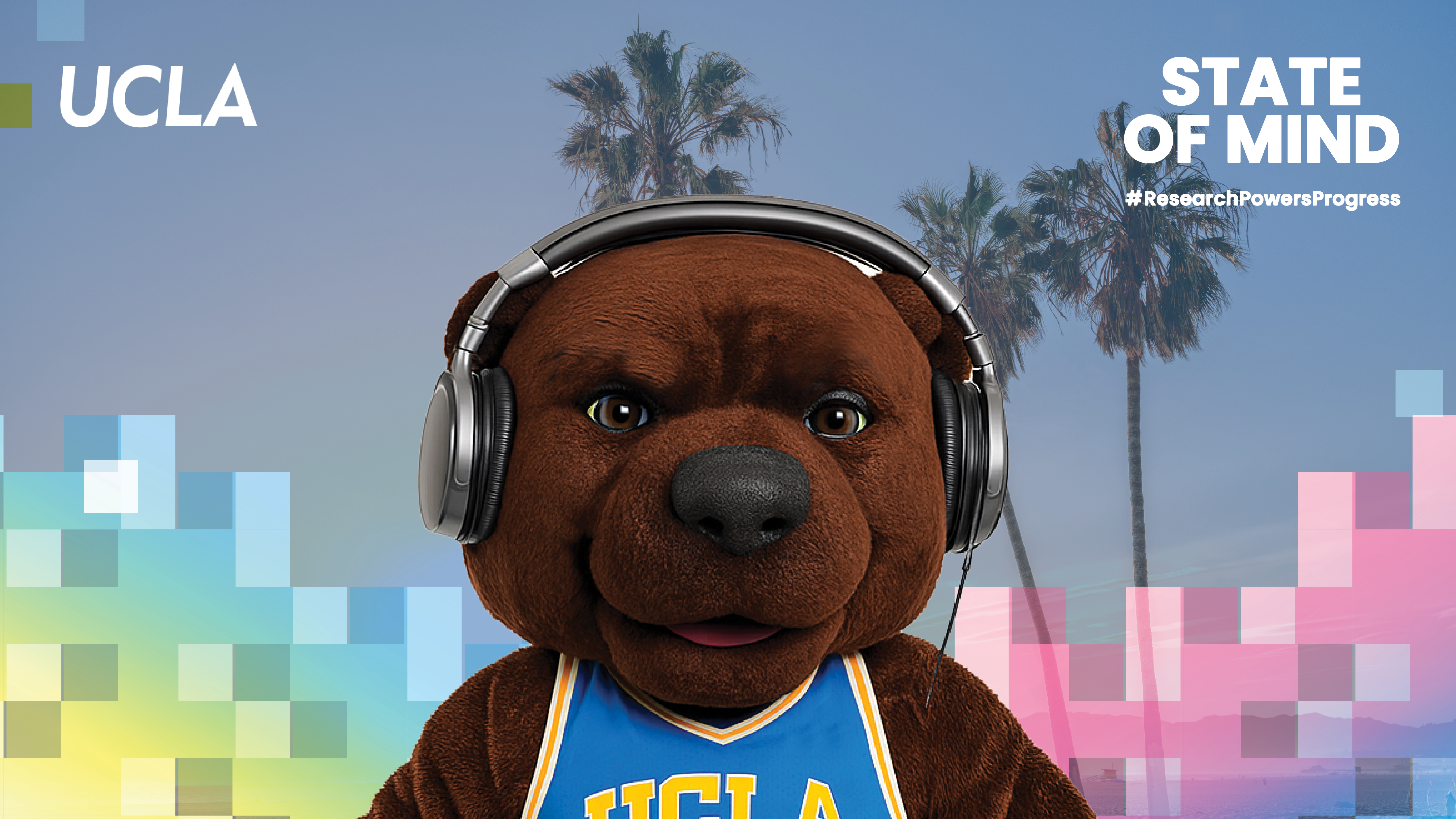 Colorful zoom background with palm trees and Joe Bruin