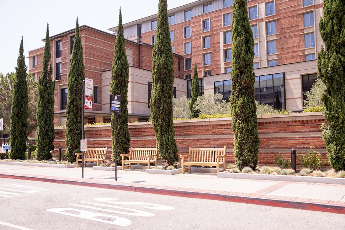 Three benches in front of the Luskin building