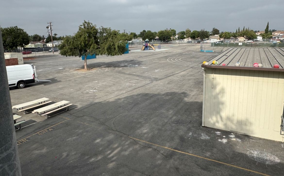 A schoolyard shows scattered trees among a largely uncovered blacktop 