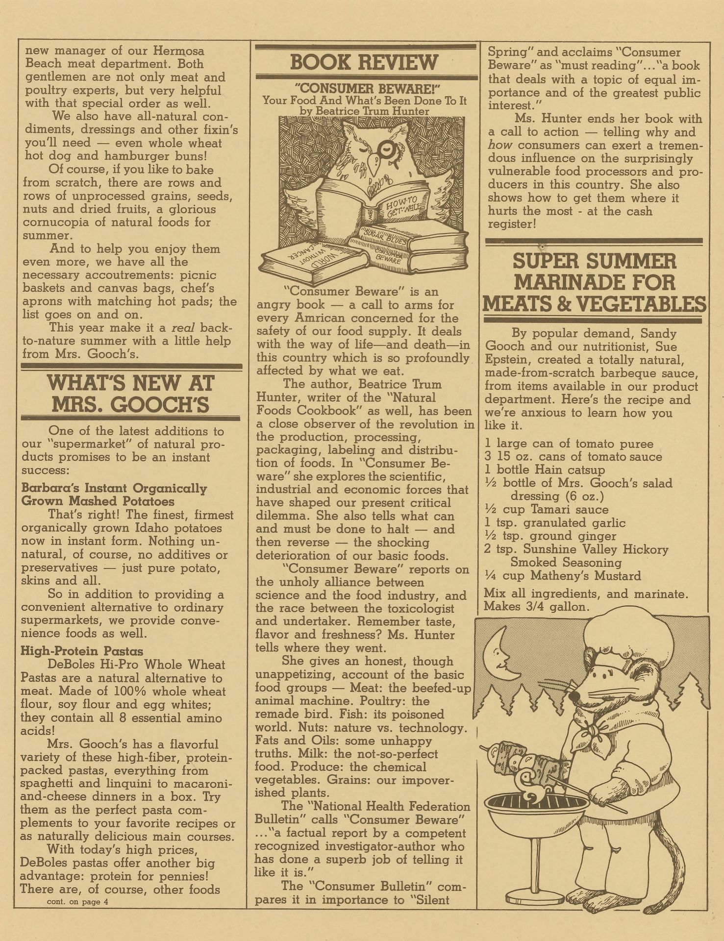 The second page of the Gazette with information about new products at the store, a book review and recipe