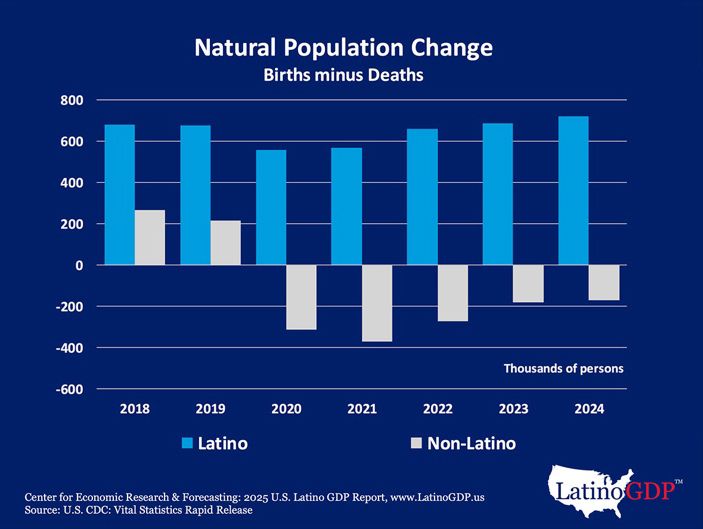 Grouped bar chart titled "Natural Population Change: Births Minus Deaths" showing Latino natural population change remained consistently positive from 2018–2024, while non-Latino figures turned negative starting in 2020.
