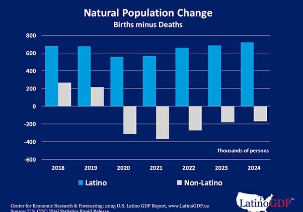 Grouped bar chart titled "Natural Population Change: Births Minus Deaths" showing Latino natural population change remained consistently positive from 2018–2024, while non-Latino figures turned negative starting in 2020.