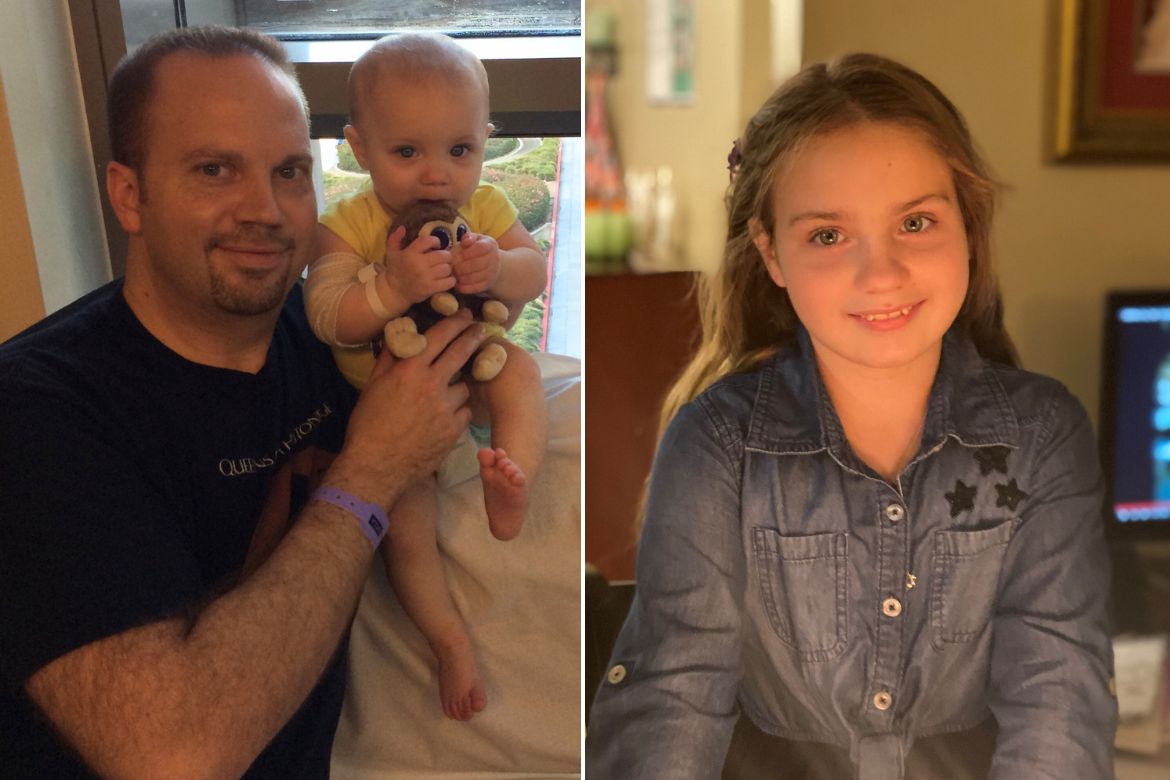 Left: 10-month-old Eliana with her dad Jeff at the hospital during her gene therapy treatment. Right: Eliana at age 11, smiling at home.