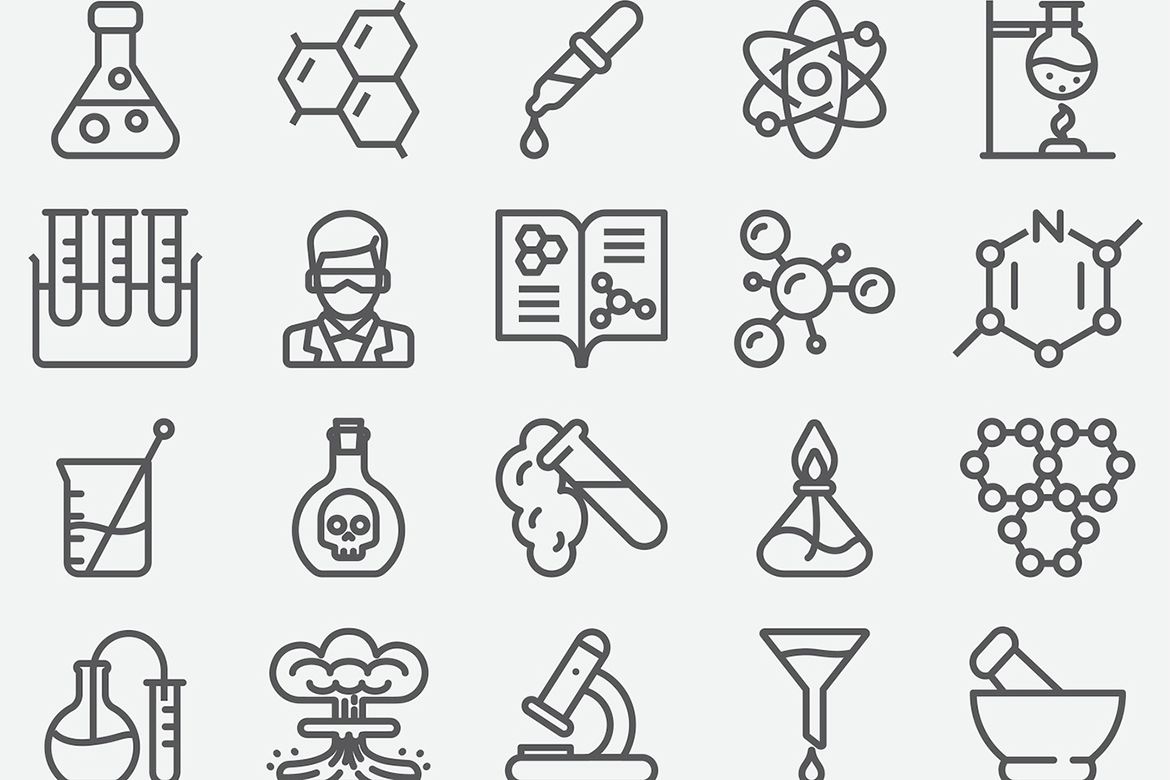 Small black-and-white research icons including beaker, test tube and microscope